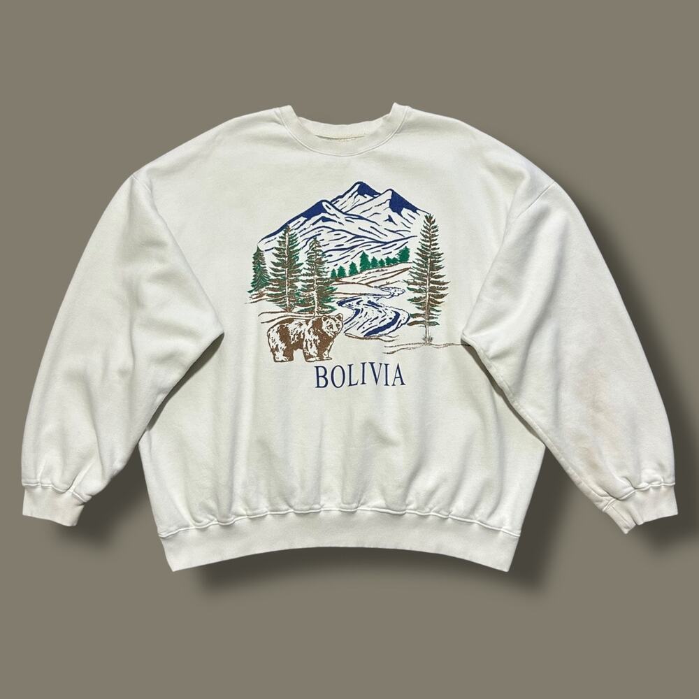 Vintage Bolivia Sweatshirt 80s Crewneck Nature Art Travel Souvenir White XL